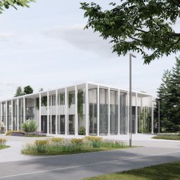 LOGOS Projekt - Wizualizacja budynku dydaktycznego uczelni wyższej w Łomży z białymi kolumnami, szklanymi ścianami, zielenią na fasadzie i osobą na hulajnodze elektrycznej na ścieżce.