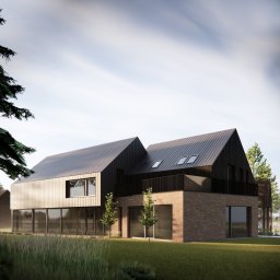 Dom na lubelszczyźnie. Przenikające się bryły są zaczerpnięte z układów zabudowań zagrodowych obecnych w lokalnym krajobrazie.