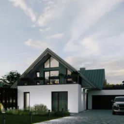 Wizualizacja nowoczesnego domu jednorodzinnego z dwuspadowym dachem, balkonem na piętrze i garażem w bryle, z podjazdem wyłożonym kostką i zaparkowanym samochodem.