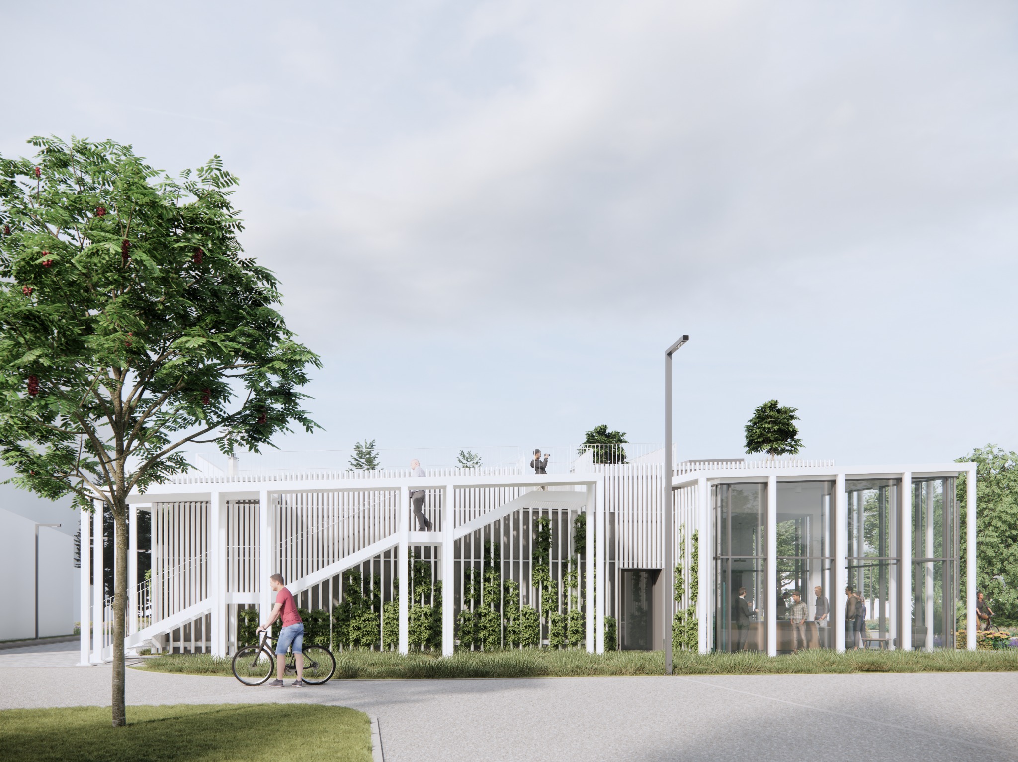 Budynek dydaktyczny przy siedzibie uczelni wyższej z ogólnodostępnym wejściem na dach zielony