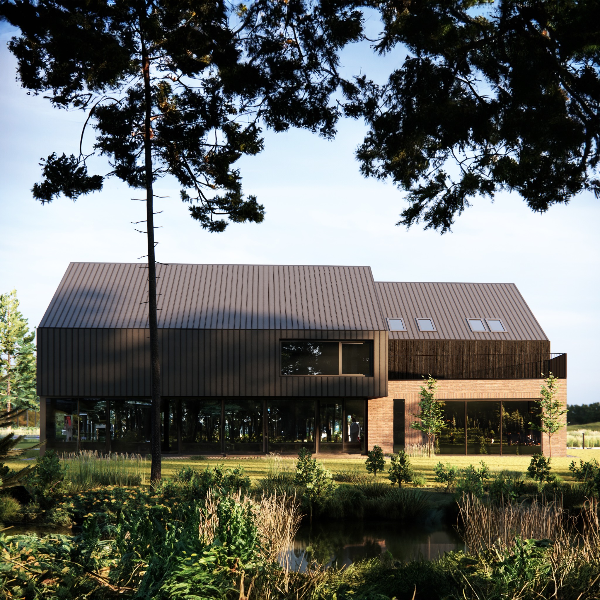 Wizualizacja nowoczesnego domu jednorodzinnego z dachem z blachy na Lubelszczyźnie, z elementami nawiązującymi do zabudowy zagrodowej, otoczonego zielenią i małym stawem.