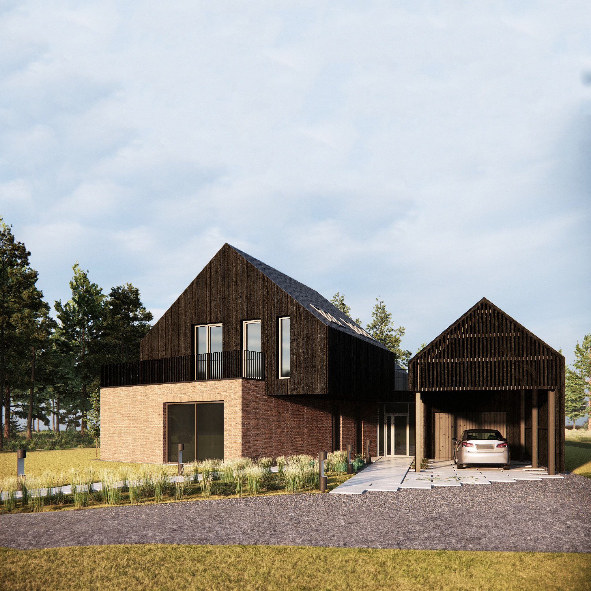 Nowoczesny dom jednorodzinny z ciemnego drewna i cegły, z garażem po prawej stronie, otoczony zielenią i drzewami.