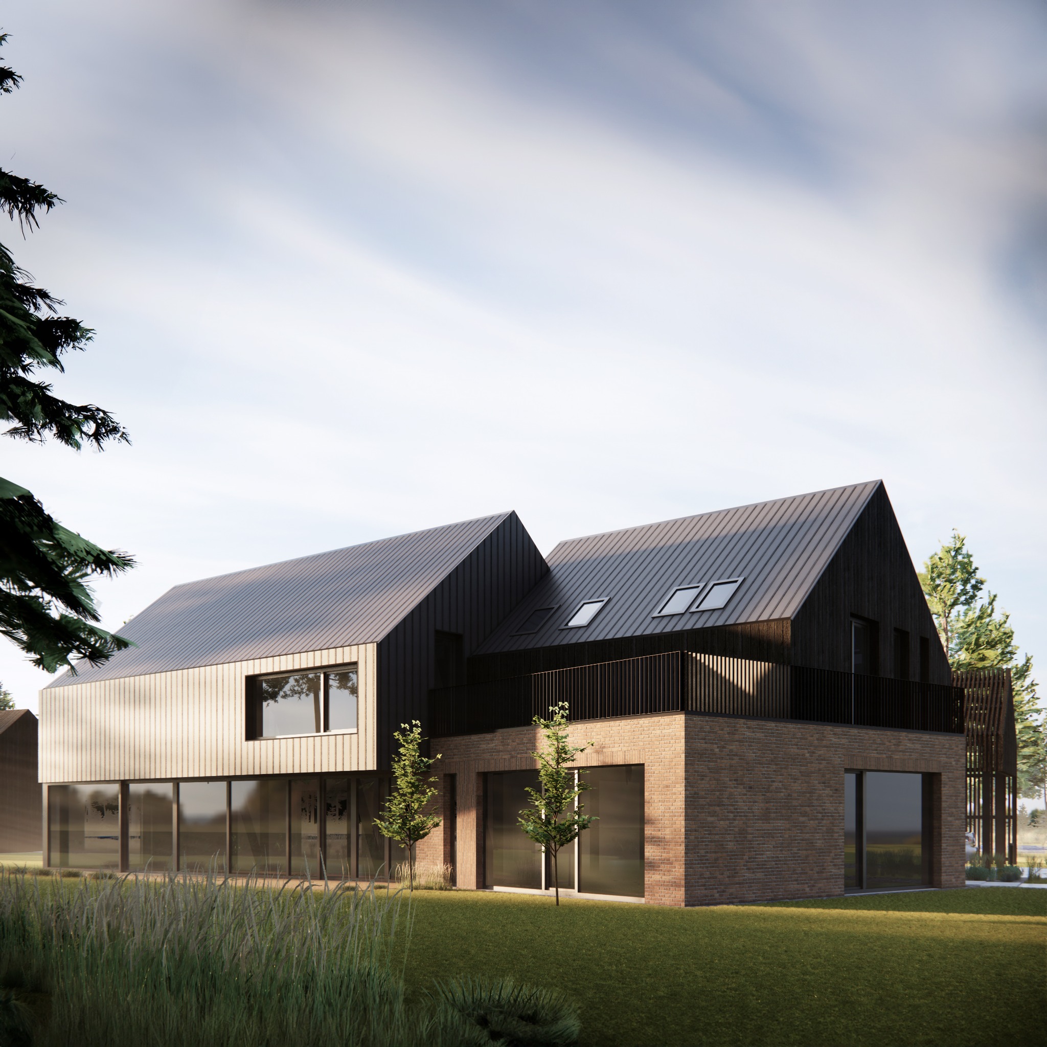 Wizualizacja nowoczesnego domu z dwuspadowym dachem, elewacją z jasnego drewna i cegły, dużymi oknami oraz balkonem z czarną balustradą, otoczonego zielonym trawnikiem i drzewami.