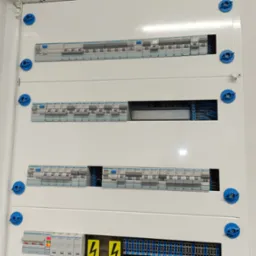 Rozdzielnica elektryczna z widocznymi bezpiecznikami i przewodami, zamknięta białymi drzwiczkami z niebieskimi pokrętłami, widok z bliska.