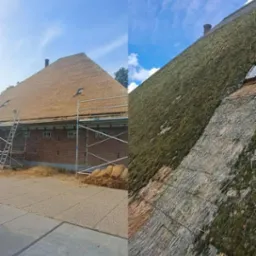 Porównanie dachu krytego strzechą przed i po renowacji: po lewej stronie odnowiony, złocisty dach, po prawej porośnięty mchem i zabrudzony dach przed renowacją.