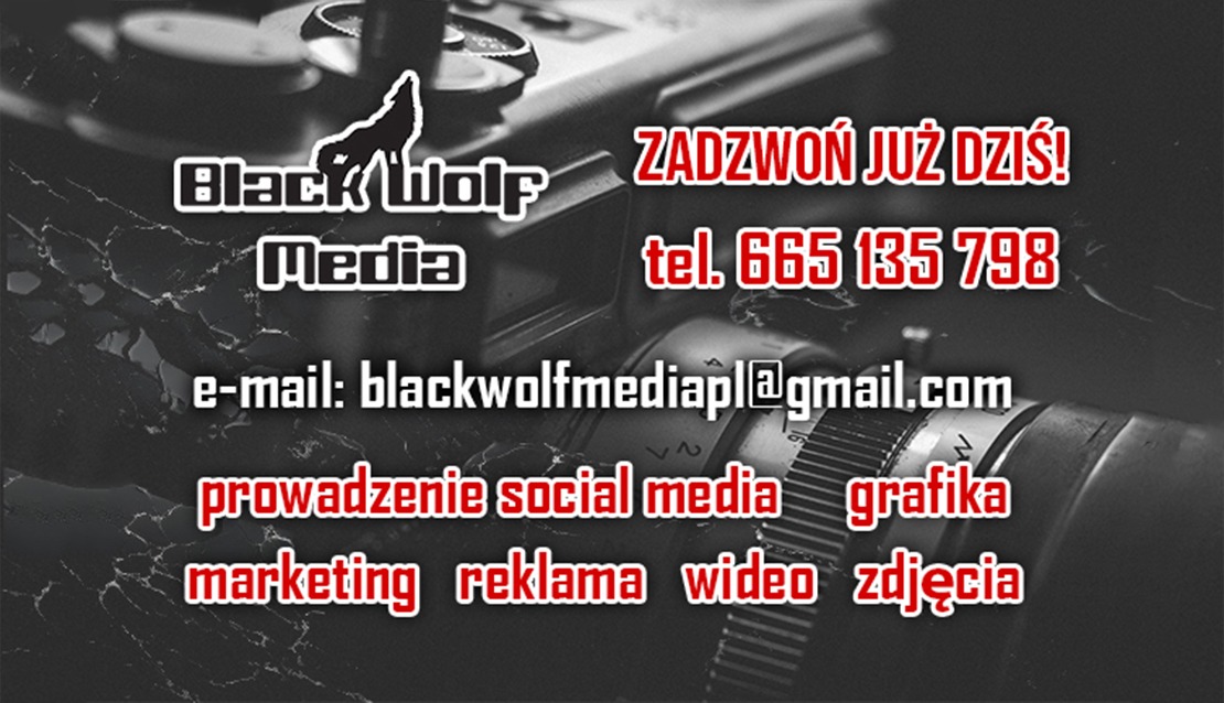 Wizytówka firmy Black Wolf Media z telefonem, adresem e-mail, logo wilka i hasłami: prowadzenie social media, grafika, marketing, reklama, wideo, zdjęcia. Tło imituje teksturę kamery.