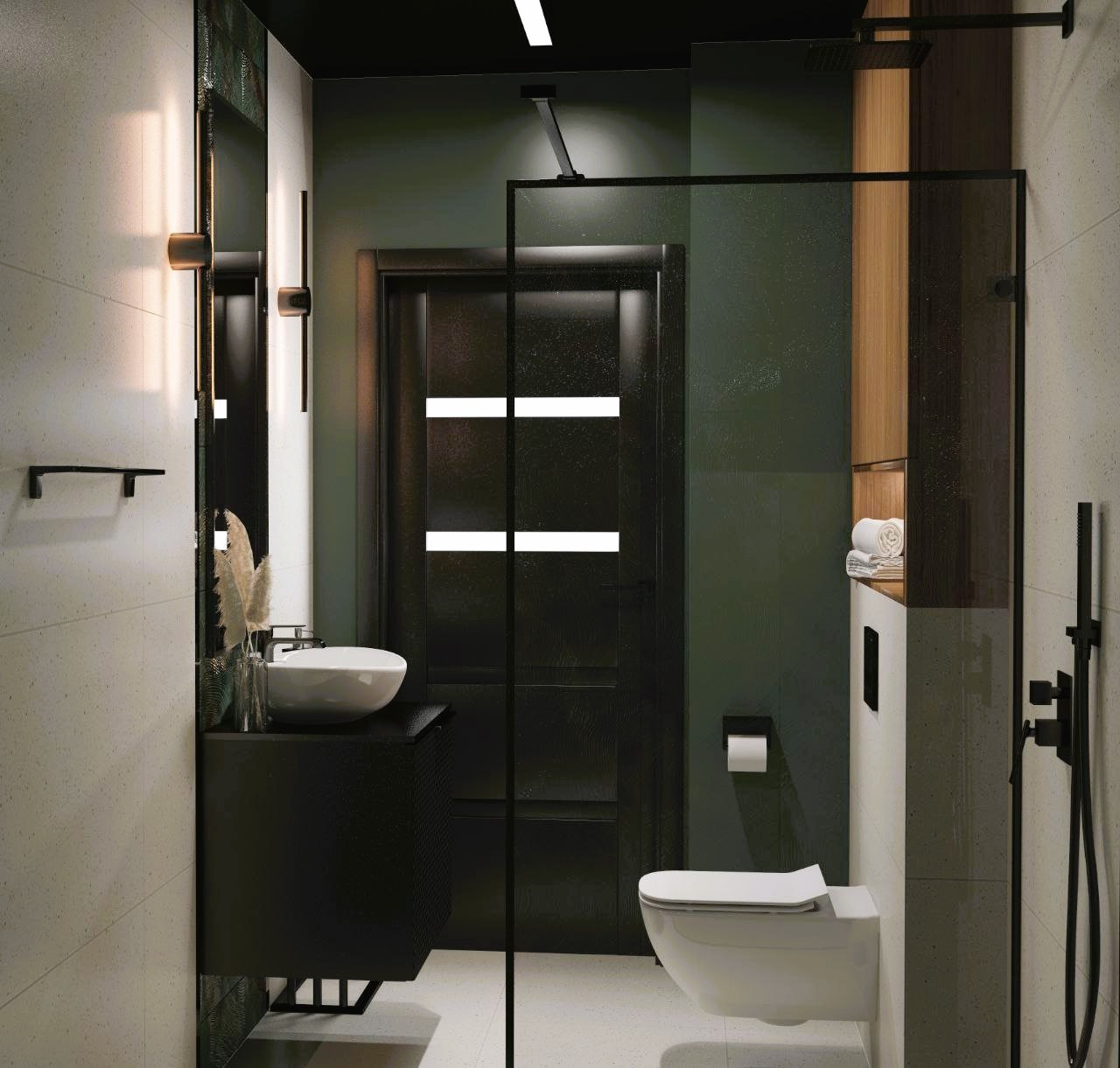 Nowoczesna łazienka z czarnymi akcentami: kabina prysznicowa ze szklaną ścianką, wisząca toaleta, umywalka nablatowa na czarnej szafce, czarne dodatki i oświetlenie, ściana w odcieniach bieli...