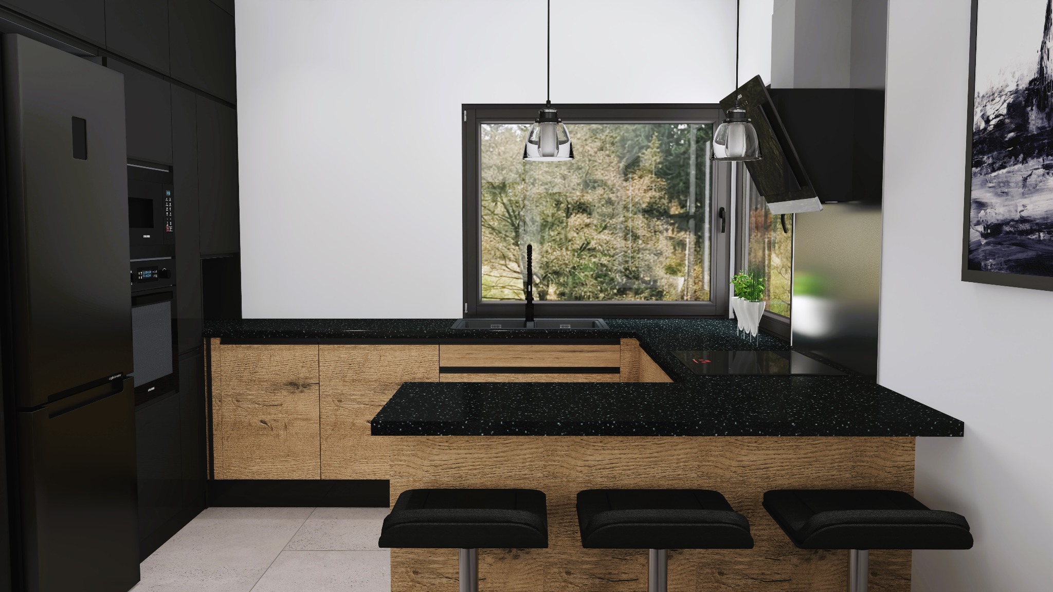 Nowoczesna kuchnia z czarnymi szafkami, blatem z czarnego granitu, drewnianymi frontami i trzema stołkami barowymi, oświetlona wiszącymi lampami nad wyspą.