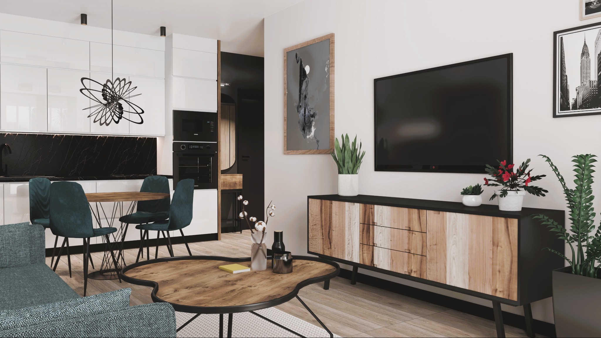 Jasne wnętrze mieszkania z aneksem kuchennym, drewnianym stolikiem kawowym i telewizorem na szafce RTV z drewnianymi frontami.