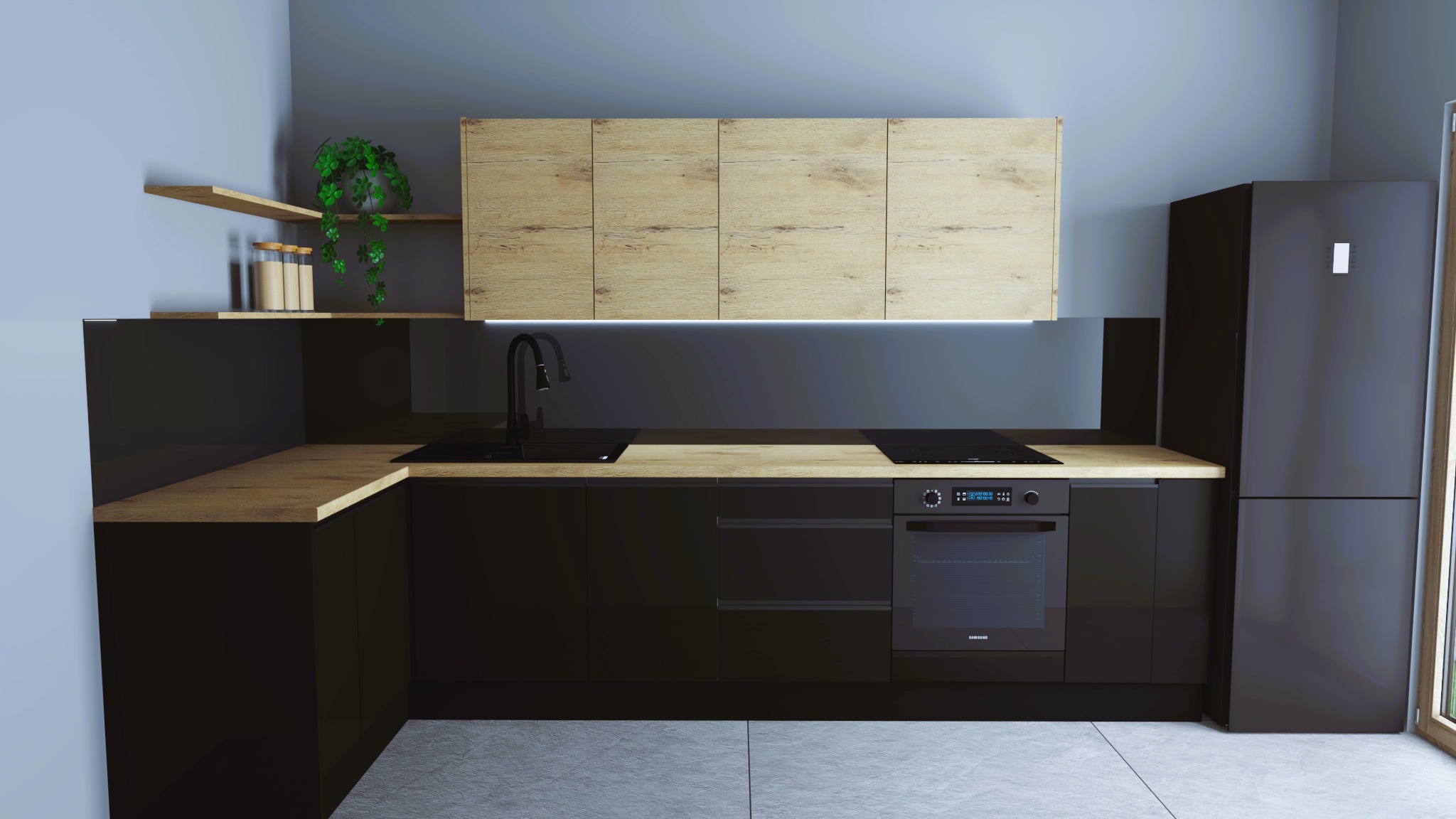 Nowoczesna kuchnia z czarnymi, lakierowanymi szafkami dolnymi i górnymi szafkami z drewnopodobnym frontem, podświetlonymi od spodu. Blat imitujący drewno, czarny zlew i płyta indukcyjna. Na półce...