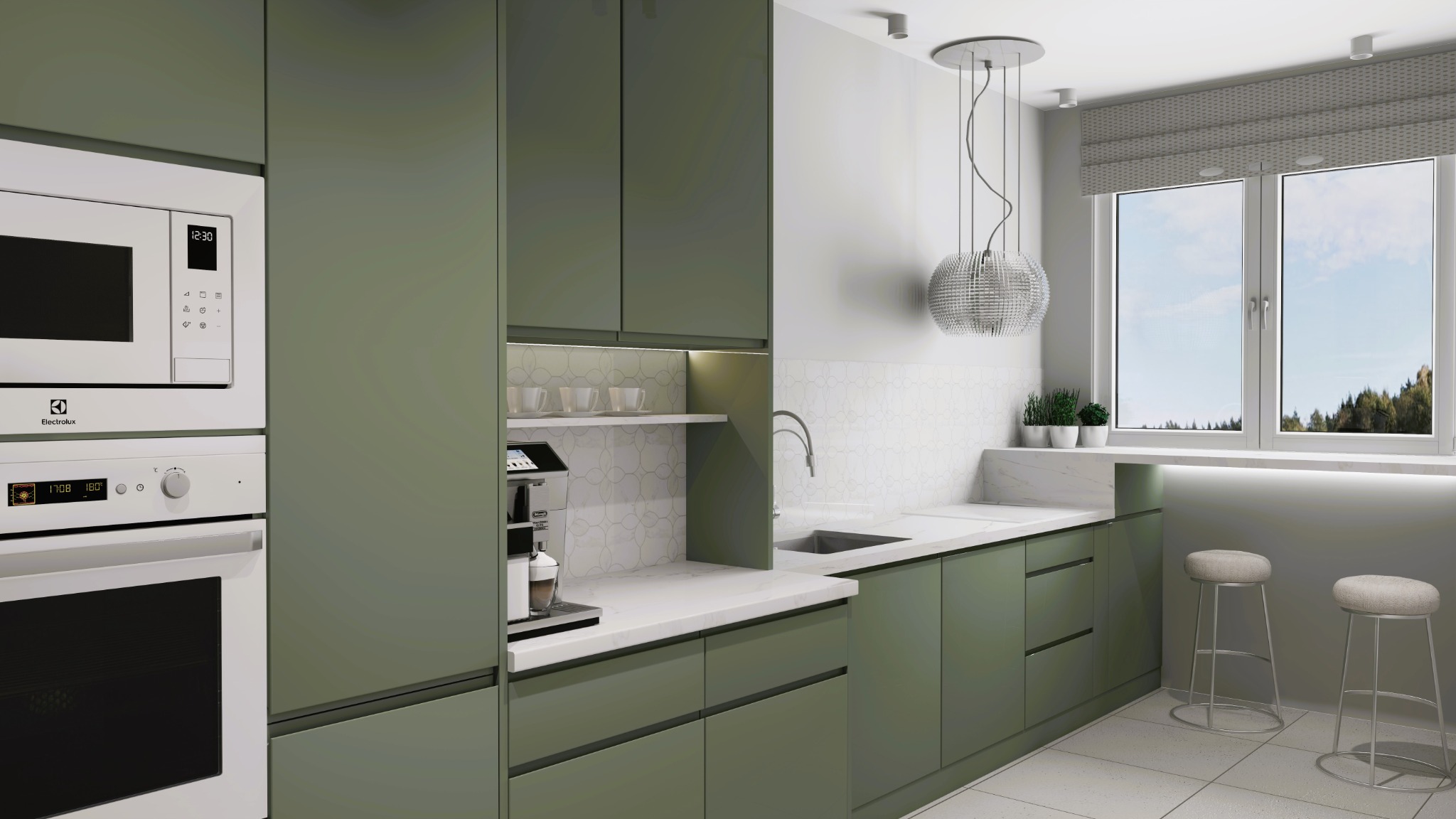 Zielona elegancka kuchnia o matowym wykończeniu z piękną mozaiką na ścianie w kolorze blatu