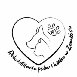 Czarno-białe logo: serce z sylwetkami psa i kota, łapa z krzyżem, napis 'Rehabilitacja psów i kotów w Zamościu'.
