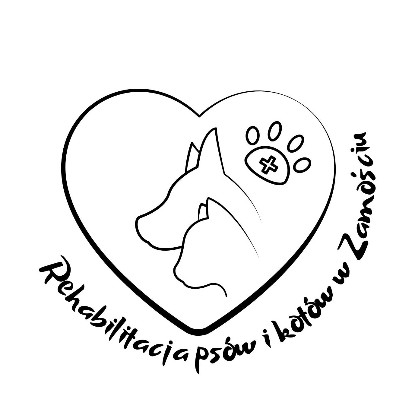 Czarno-białe logo: serce z sylwetkami psa i kota, łapa z krzyżem, napis 'Rehabilitacja psów i kotów w Zamościu'.