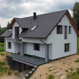 Nowoczesny dom jednorodzinny z szarą dachówką, białą elewacją i szarymi elementami wykończeniowymi, usytuowany na wzgórzu z widocznymi schodami prowadzącymi do wejścia.