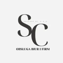 Eleganckie logo firmy SEVCORP SP. Z O.O. z inicjałami 'SC' i napisem 'OBSŁUGA BIUR I FIRM' w kolorze ciemnoszarym na jasnoszarym tle.