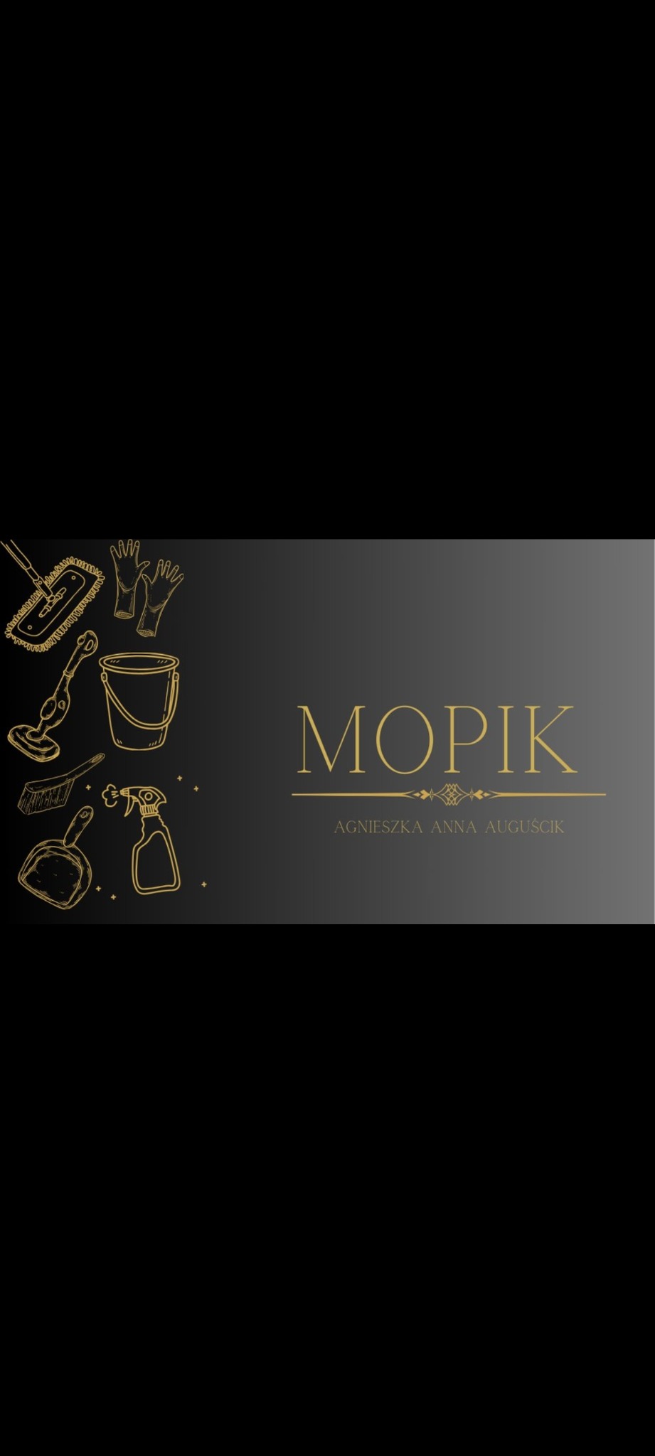 Logo firmy sprzątającej MOPiK Agnieszka Anna Auguścik z graficznymi ikonami narzędzi: mop, wiadro, szczotka, zmiotka, spryskiwacz i rękawice, w kolorystyce czarno-złotej.