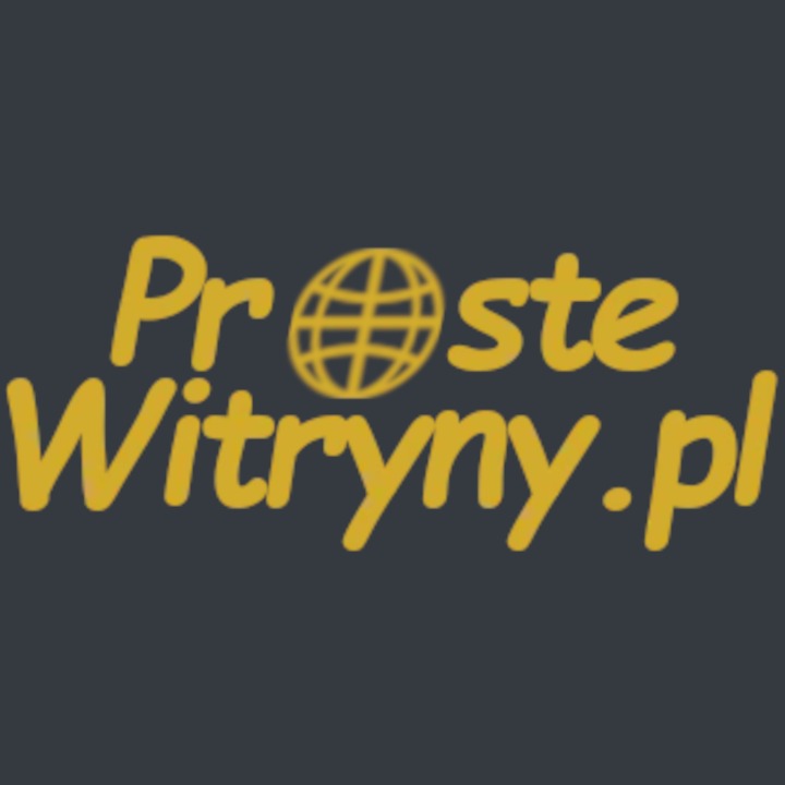 Żółte logo 'Proste Witryny.pl' z symbolem globu na szarym tle.
