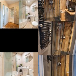 Ciekawy projekt ciemnej armatury w małej łazience 