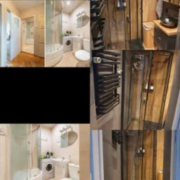 Ciekawy projekt ciemnej armatury w małej łazience