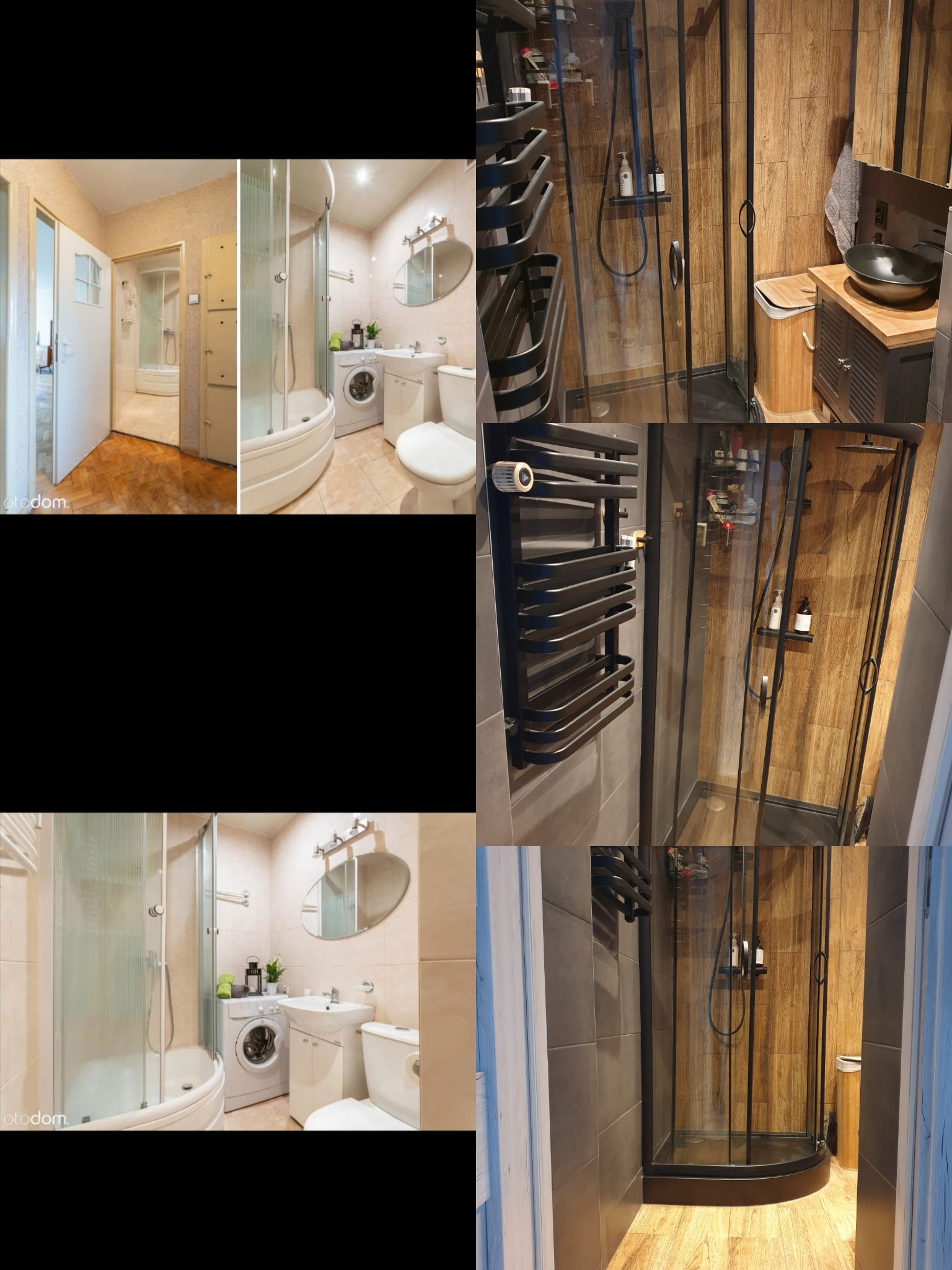 Ciekawy projekt ciemnej armatury w małej łazience