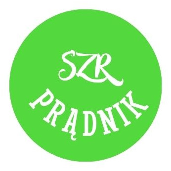 Zielone okrągłe logo z białym napisem 'SZR PRĄDNIK' w ozdobnej czcionce.