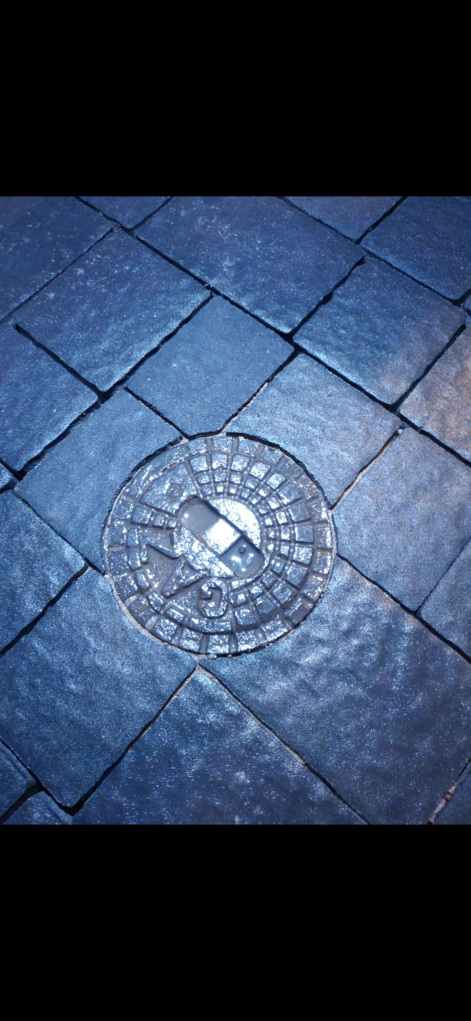 Niebieska kostka brukowa ułożona wokół okrągłej studzienki kanalizacyjnej z metalową pokrywą.