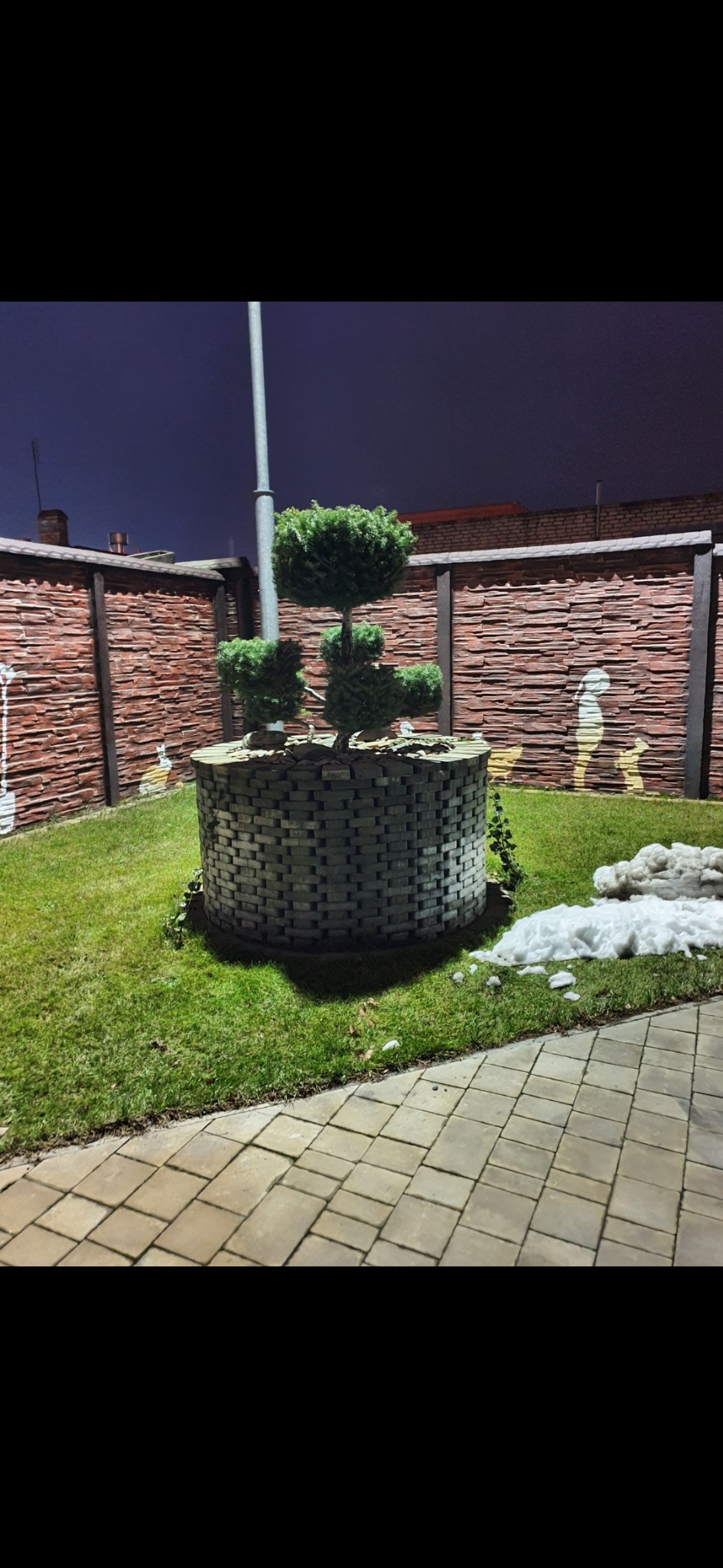 Ogród z trawnikiem, drzewkiem bonsai w okrągłej donicy z kostki brukowej, ogrodzeniem z imitacji kamienia i resztkami śniegu, oświetlony nocą.