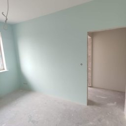 BUDMASTER Ivan Guivan - Pomalowane na miętowo ściany w pustym pokoju, surowy beton na podłodze, widoczne gniazdka elektryczne i przewód zwisający z sufitu.