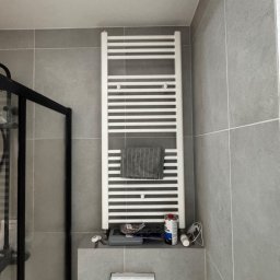 YEVHENII SEMENOV - Szara łazienka z grzejnikiem drabinkowym, na którym wisi ręcznik. Na półce pod grzejnikiem leżą narzędzia i puszka farby. Fragment kabiny prysznicowej po lewej.