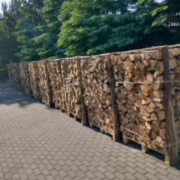 Rząd palet z ułożonymi szczapami drewna opałowego na brukowanym podłożu, zabezpieczonych białym sznurkiem, z zielonymi drzewami w tle.