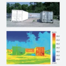 Porównanie temperatur kontenerów morskich kamerą termowizyjną: po lewej kontener z nałożoną powłoką Bauter roof, po prawej kontener bez powłoki, widoczna różnica w temperaturze na termogramie.