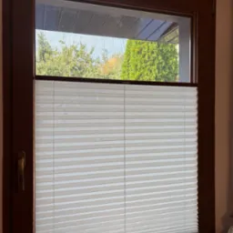 Drewniane okno z zamontowaną jasną, plisowaną roletą, widok na ogród z tujami i drzewami liściastymi.