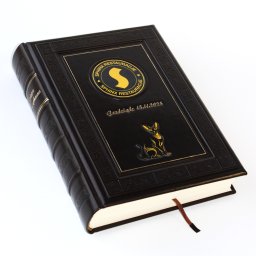 Księga pamiątkowa w skórzanej oprawie formatu B4, tłoczenia ozdobne i kolorowe inkrustacje firmowe. Księga ręcznie szyta i oprawiona w skórę. 