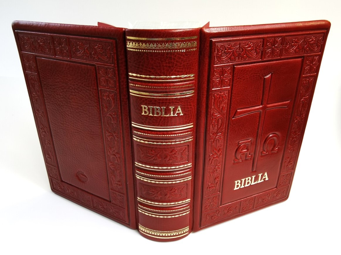 Otwarta Biblia w czerwonej skórzanej oprawie z tłoczeniami, złoceniami i motywami religijnymi (krzyż, alfa i omega) na okładce.