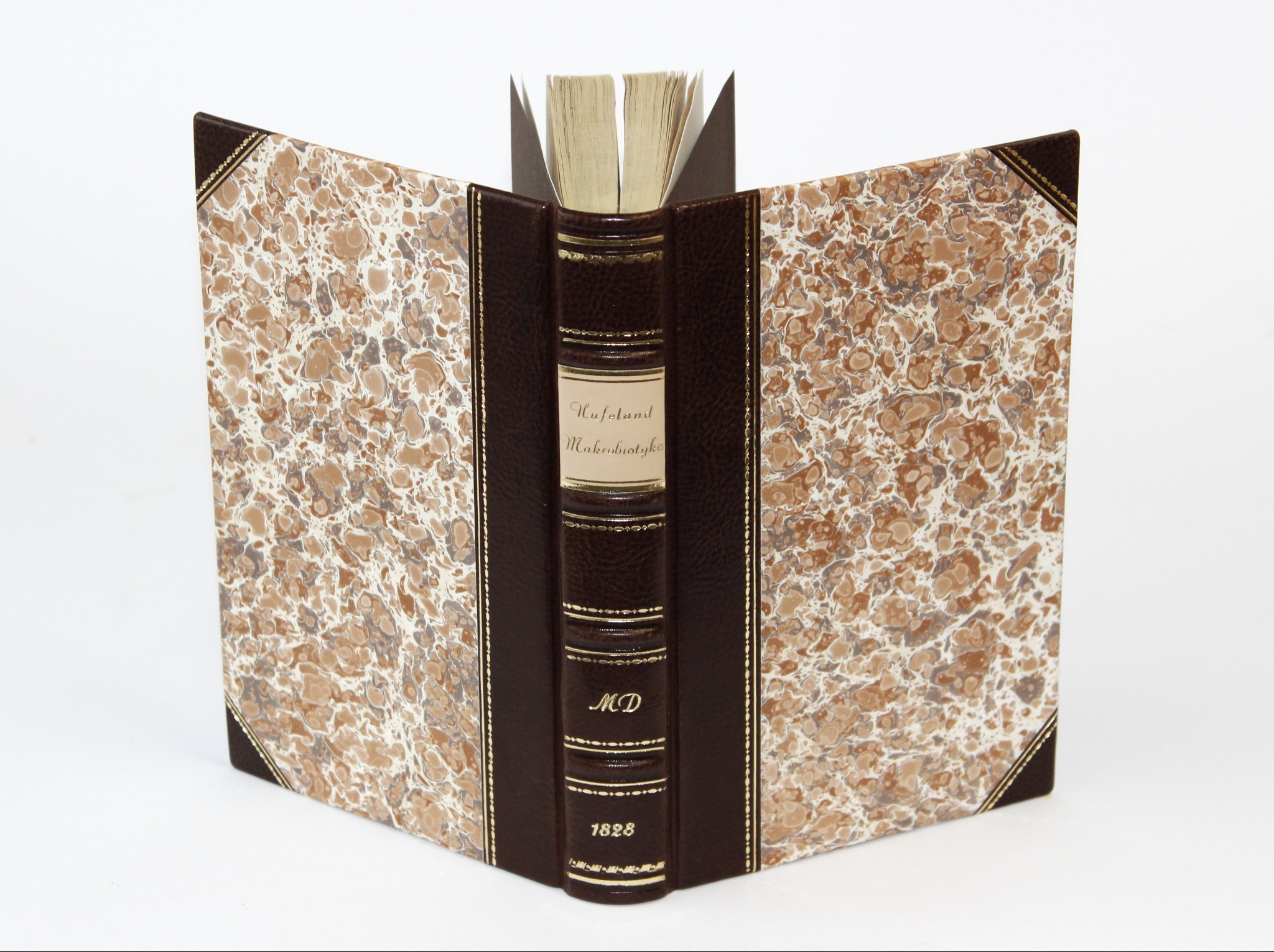 Otwarta książka w skórzanej oprawie z marmoryzowanym papierem, zdobiona złotem i datą 1828 na grzbiecie, prezentowana na białym tle.