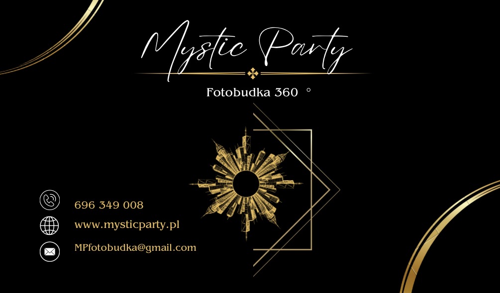 Wizytówka firmy Mystic Party z ofertą Fotobudki 360 stopni, z numerem telefonu, adresem strony internetowej i adresem e-mail, na czarnym tle ze złotymi elementami graficznymi.