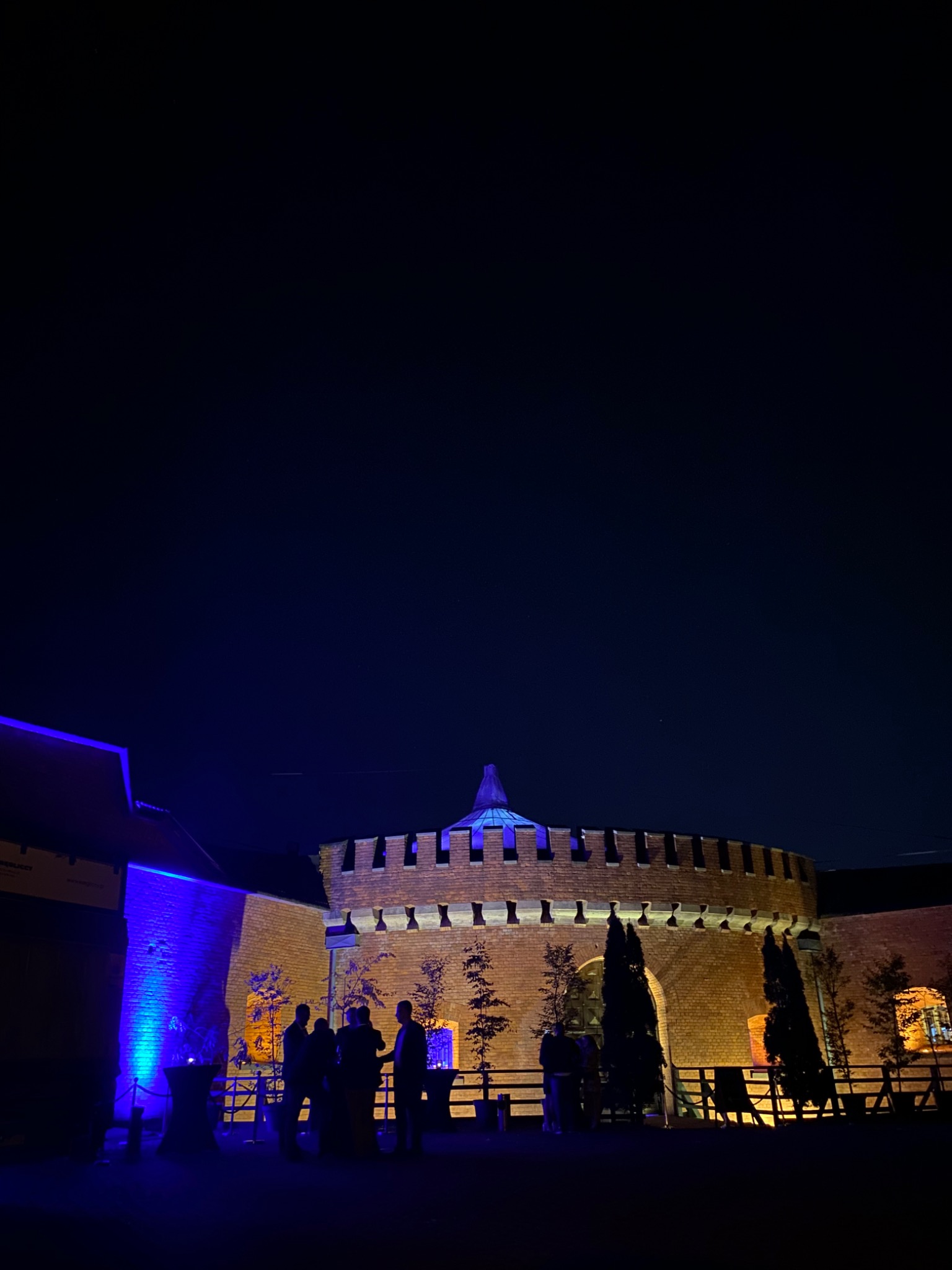 Zewnętrzne oświetlenie zamku podczas wieczornej imprezy, grupa osób w ciemnych sylwetkach rozmawia przy podświetlonych stolikach koktajlowych.