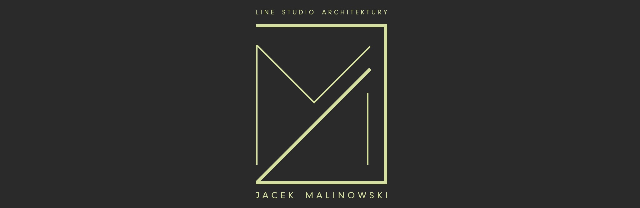 Minimalistyczne logo Line Studio Architektury z geometrycznym motywem litery M na ciemnoszarym tle, z nazwą firmy i imieniem Jacek Malinowski.
