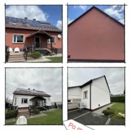 Porównanie przed i po malowaniu elewacji domu jednorodzinnego w Andrychowie, widoczne zmiany w kolorystyce i estetyce budynku.