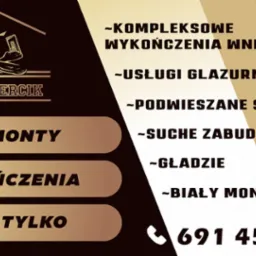 Grafika reklamowa firmy Rembercik oferującej kompleksowe wykończenia wnętrz, usługi glazurnicze, podwieszane sufity, suche zabudowy, gładzie i biały montaż, z numerem telefonu 691 453 553.