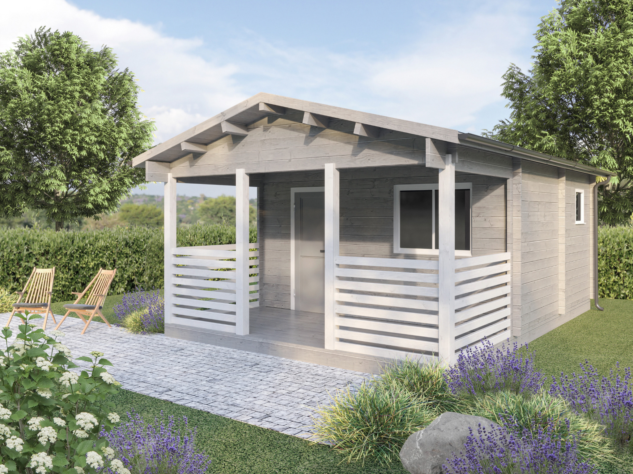 Projekt CM207- klasyczny domek letniskowy z dwuspadowym dachem i zadaszonym tarasem