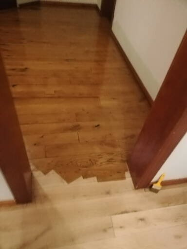 Fragment drewnianych schodów po cyklinowaniu, widoczny pędzel malarski przy futrynie, różnica w odcieniu drewna między schodami a podłogą.