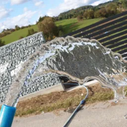 Strumień wody wypływający z niebieskiego węża na tle ogrodzenia gabionowego i metalowego, z widokiem na zielone wzgórza i dom w oddali.