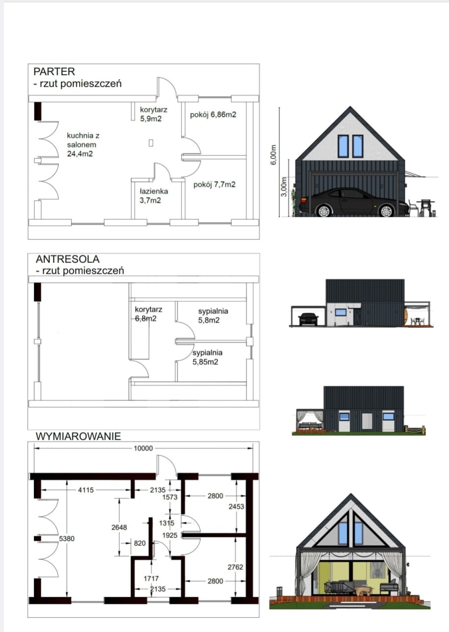 Projekt domu modułowego z rzutami pomieszczeń parteru, antresoli i wymiarowaniem, obok wizualizacje zewnętrzne, w tym zadaszone miejsce parkingowe z samochodem.