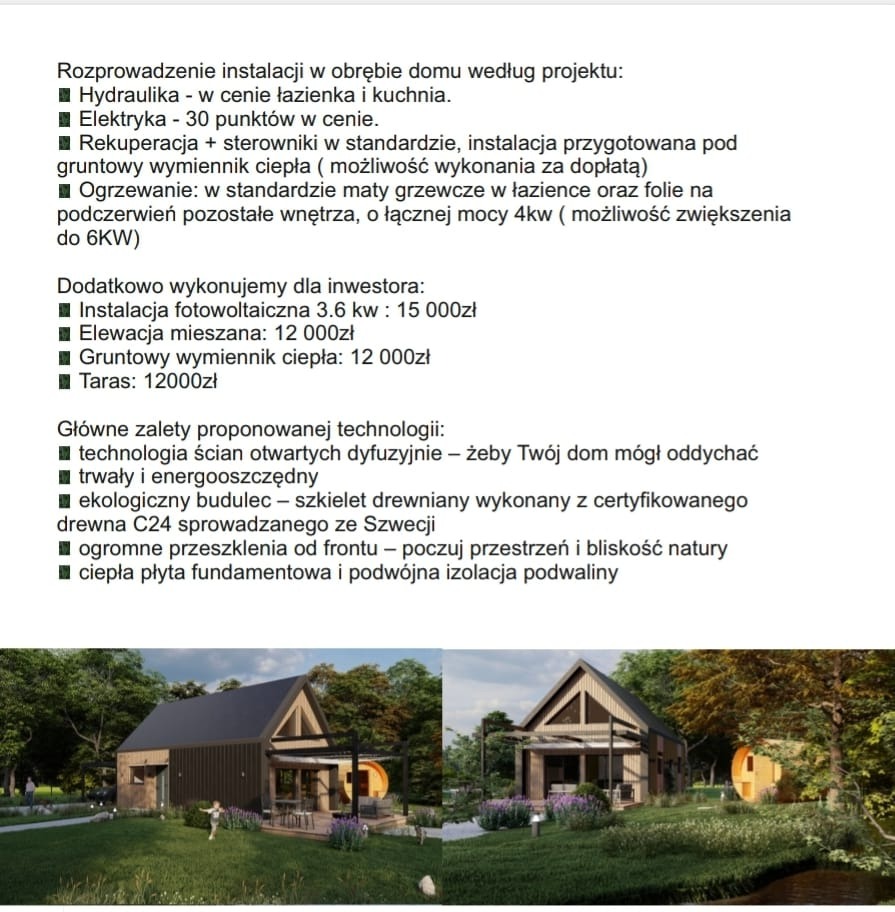 Wizualizacja dwóch nowoczesnych domów szkieletowych w Rzeszowie, z dużymi przeszkleniami i elementami drewnianymi, otoczonych zielenią i małym oczkiem wodnym, prezentacja zalet technologii.