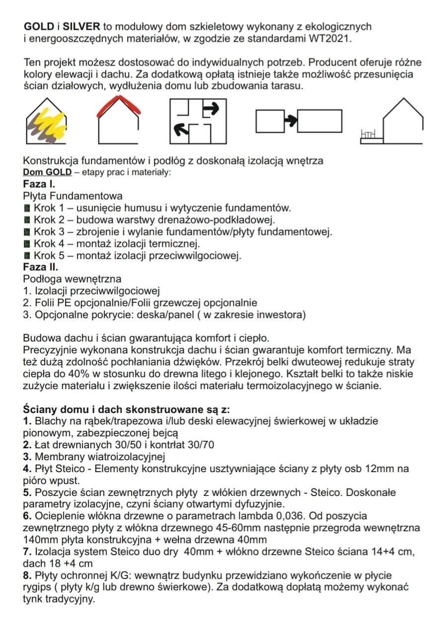 Schemat budowy domu, prezentujący etapy od fundamentów po izolację, z uwzględnieniem materiałów takich jak płyty Steico i włókno drzewne.