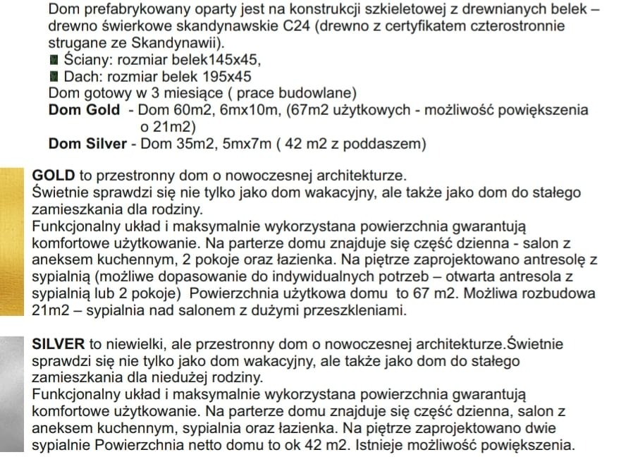 Tekst informacyjny o domach szkieletowych i modułowych, zawierający specyfikacje techniczne, metraż i opis funkcjonalny domów Gold i Silver.