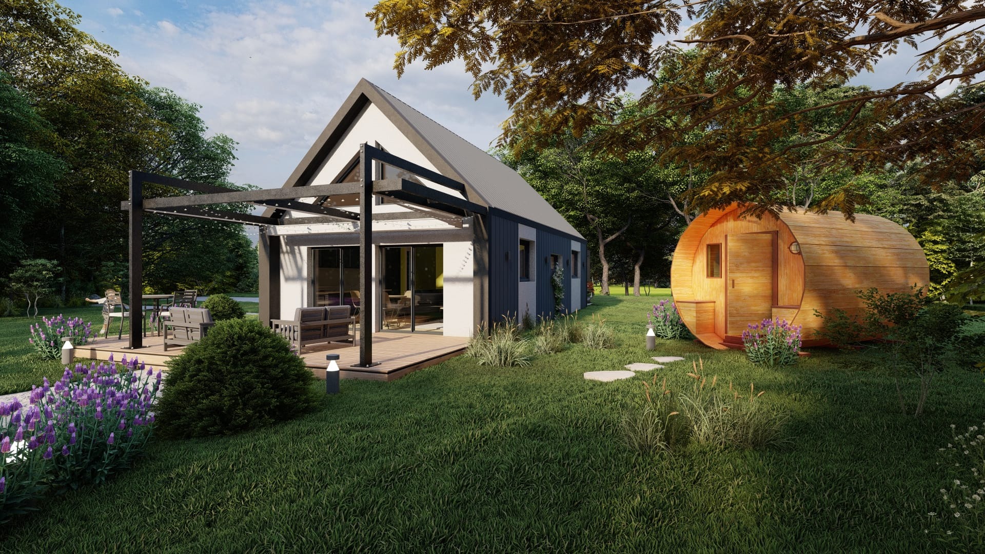 Wizualizacja nowoczesnego domu z ciemnoszarą elewacją i białymi akcentami, z tarasem z pergolą i drewnianą sauną beczką w ogrodzie.