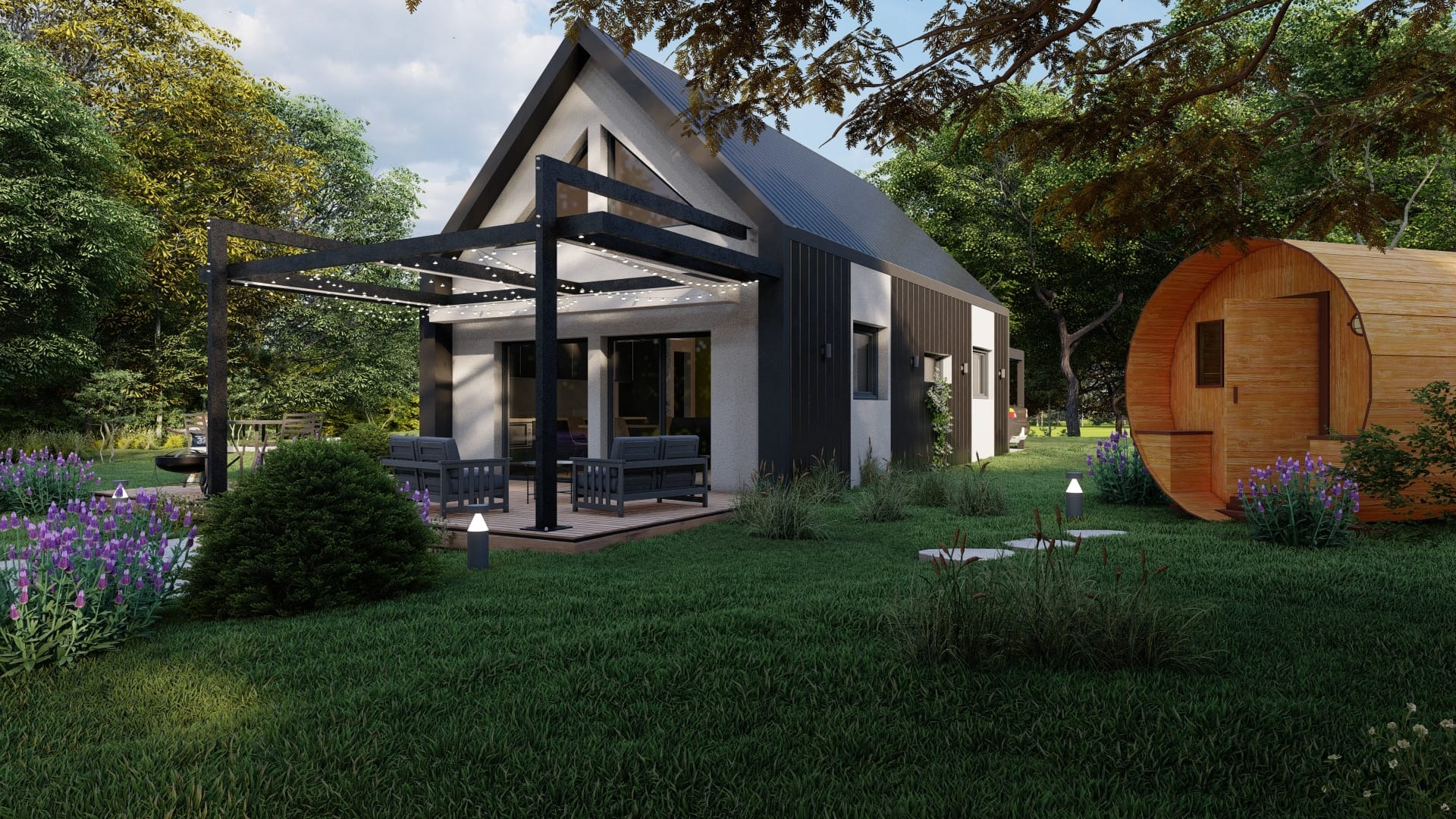 Nowoczesny dom z dachem dwuspadowym i pergolą, obok okrągła sauna beczka, otoczone zielonym ogrodem z kwitnącą lawendą.