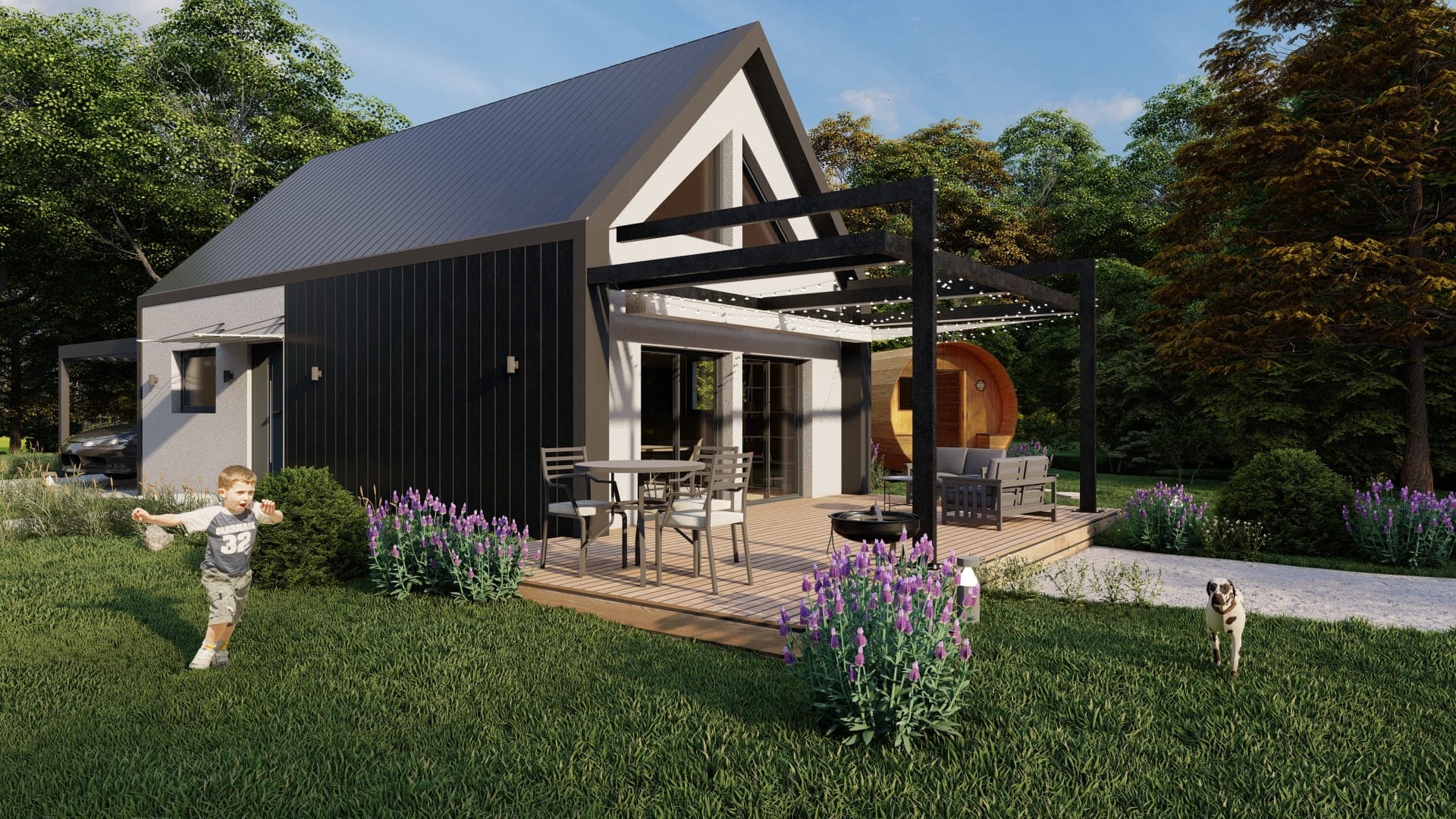 Wizualizacja domu modułowego z czarną elewacją, drewnianym tarasem z pergolą, okrągłą sauną beczką w ogrodzie i bawiącym się dzieckiem na trawniku.